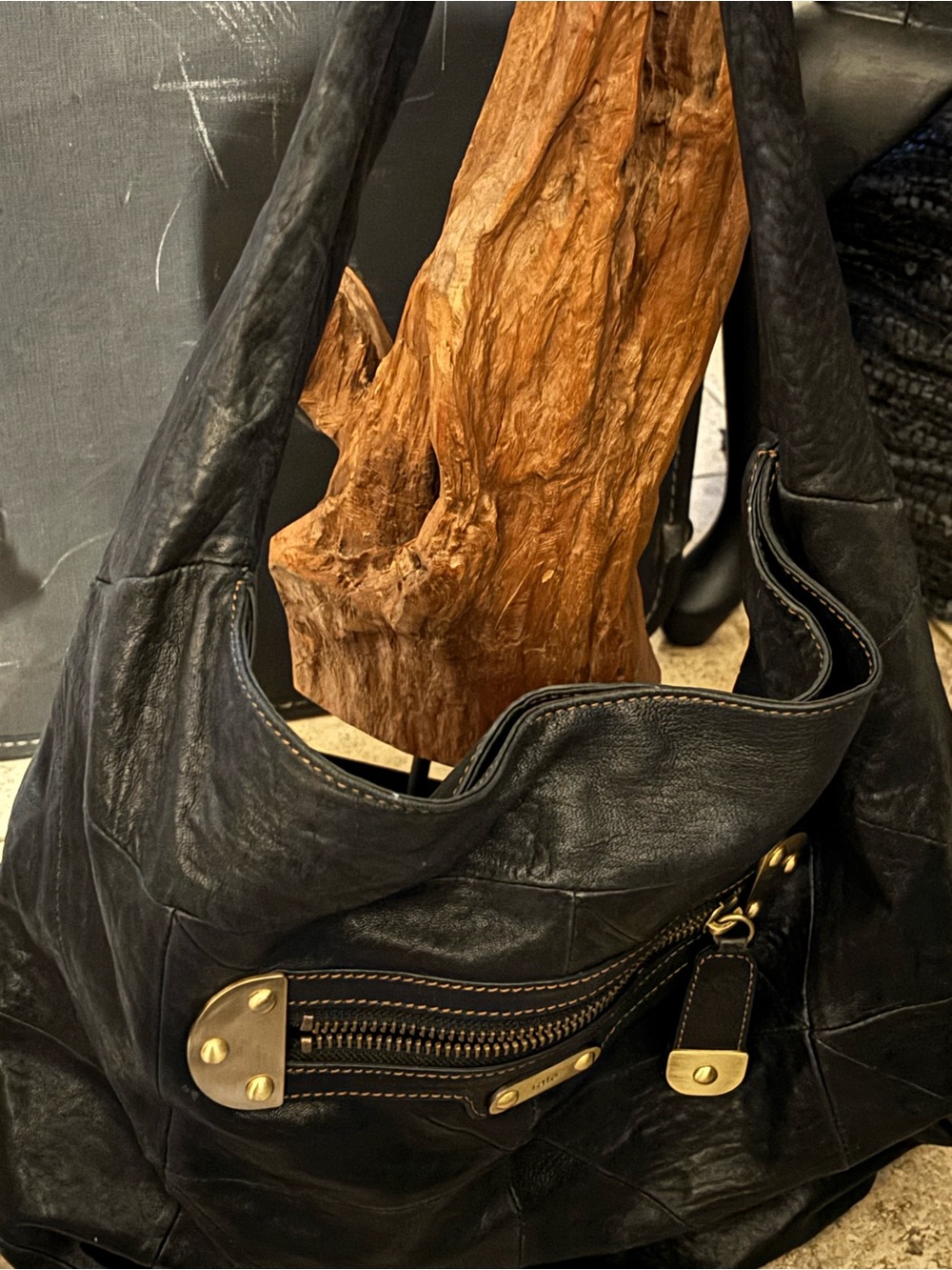 Black Leather Shoulder Bag with Brass Accent Hardware